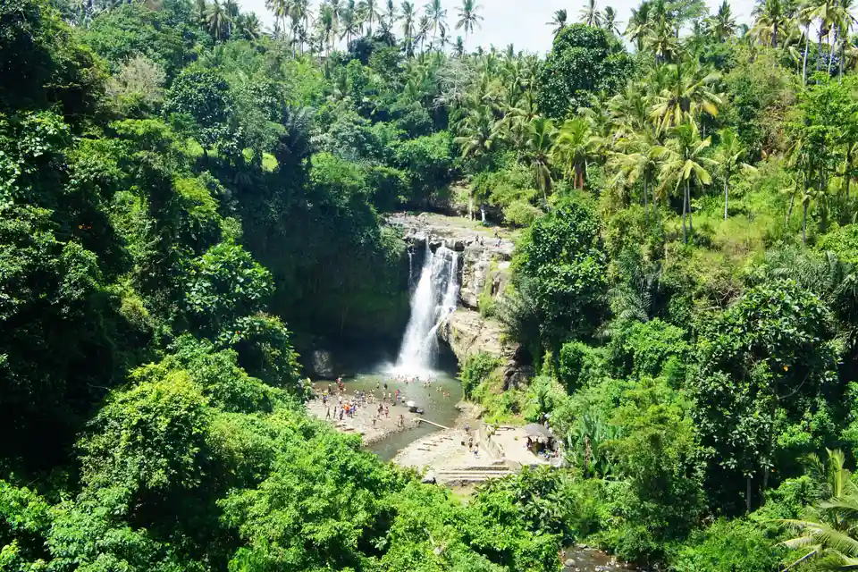 Waterfall in a jungle ravine in Bali with visitors at the pool below