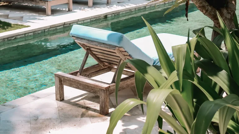 Resort pool with chairs and a tree