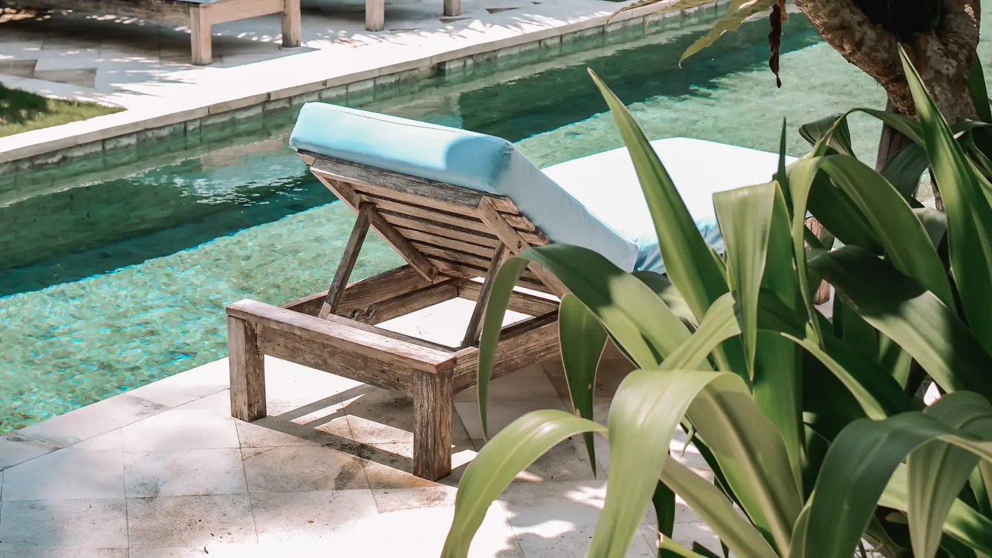 Resort pool with chairs and a tree