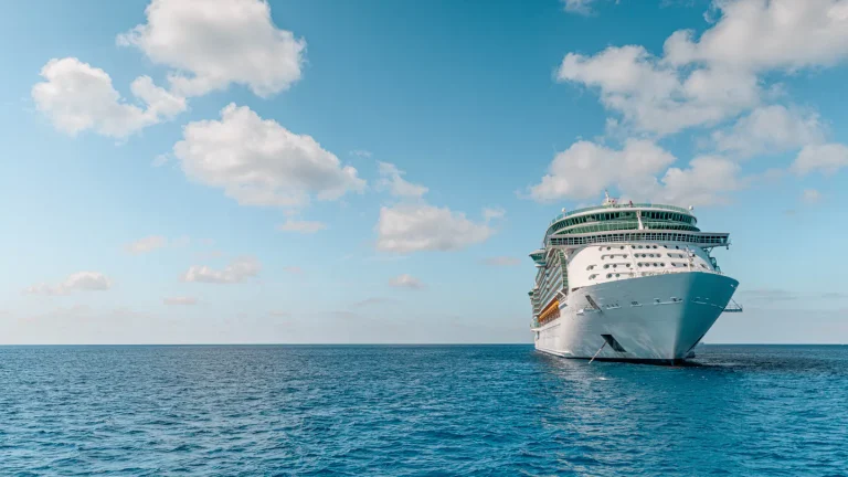 White and blue cruise ship on the sea under a blue sky