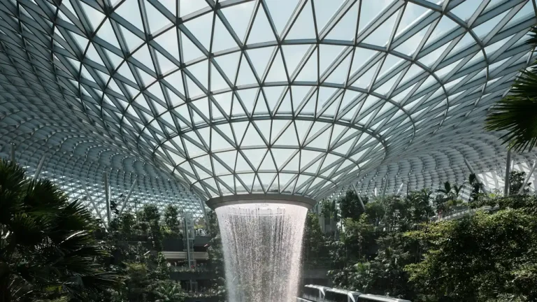 Waterfall in the middle of a tropical garden inside Changi Airport, Singapore